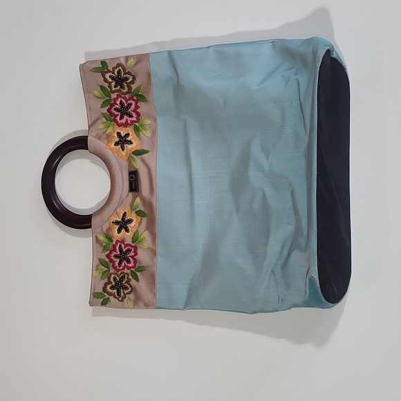 Della Q Bags Della Q Blue Raw Silk Floral Embroidered Bag With